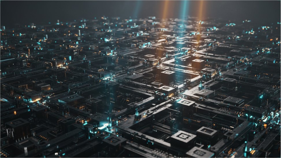 Vizuál z projektu BAI 360: noční 3D město z dat a světelných paprsků